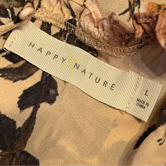 Happy x Nature Boho Dress Size Large Neutral Floral Smocked Bust Ruffle Flutter - Picture 7 of 8